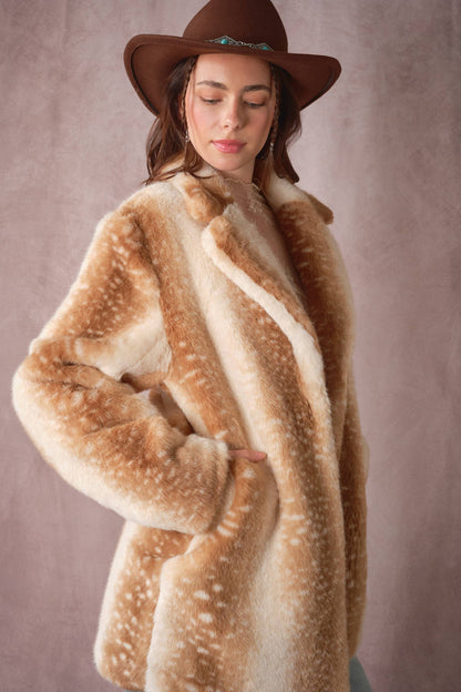 Blue B Deer Print Faux Fur Coat