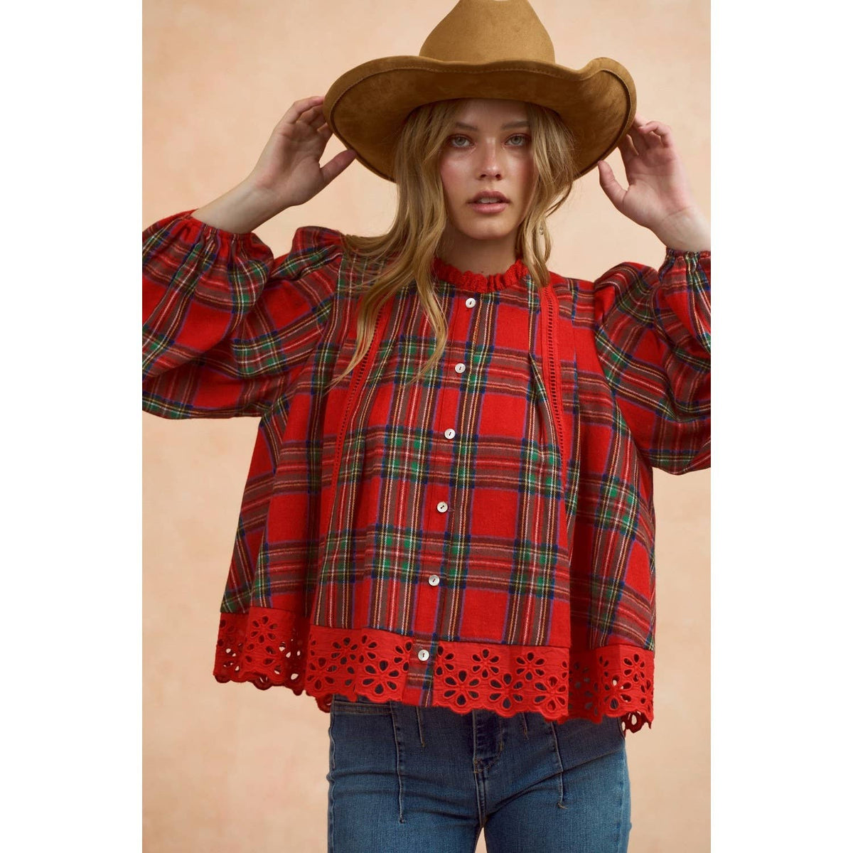 Christmas Plaid Button Down Blouse
