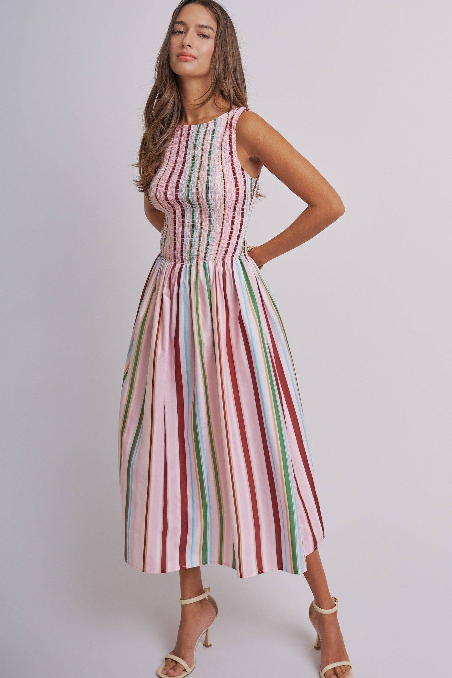Candy Stripe Smocked Midi Dress