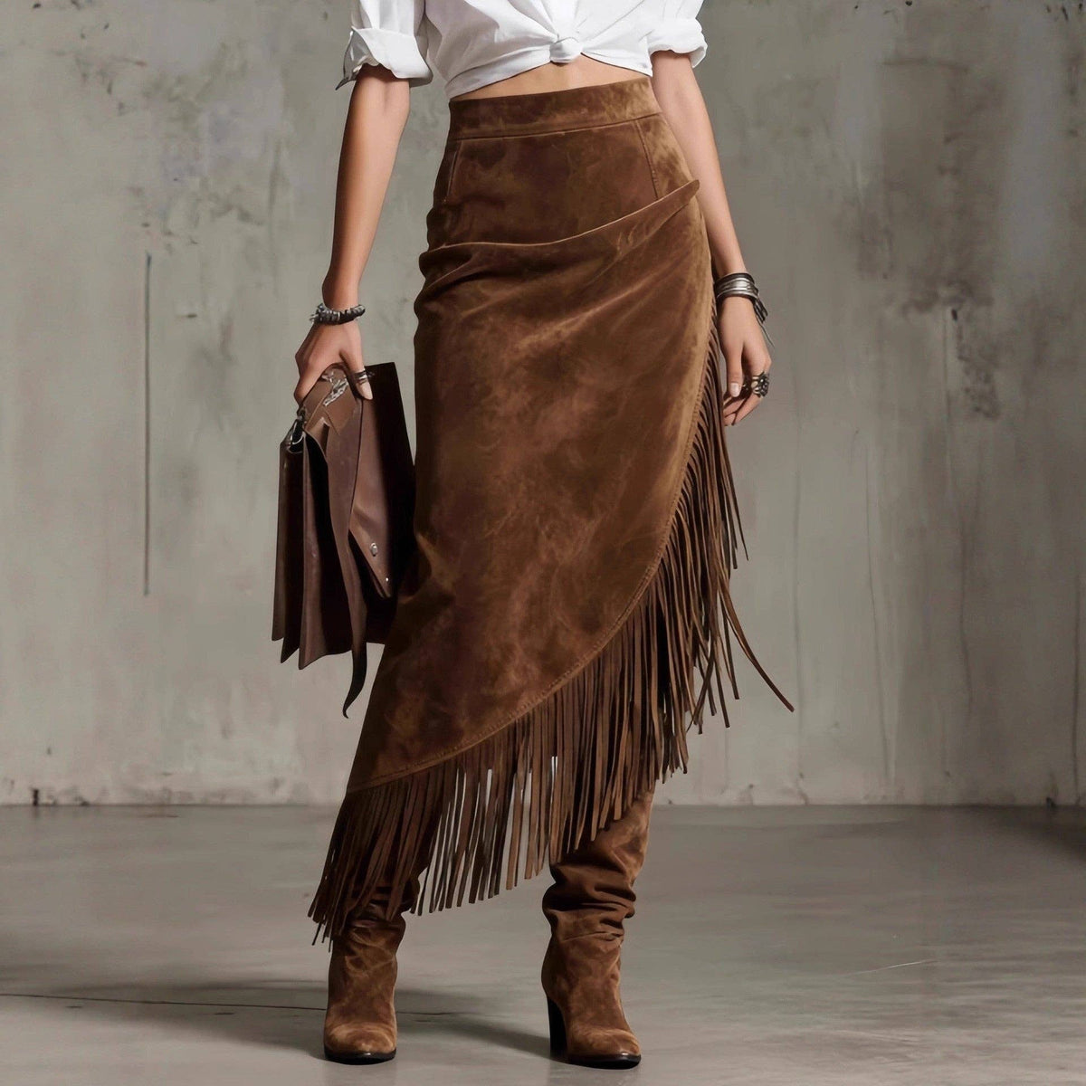 Western Suede Fringe Asymmetrical Midi Skirt