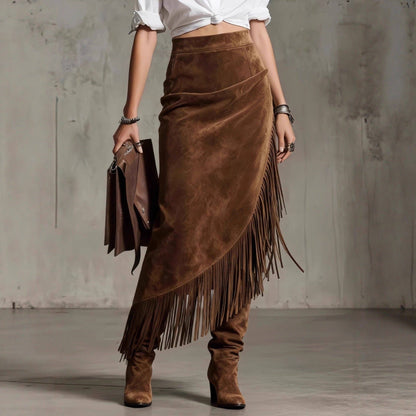 Western Suede Fringe Asymmetrical Midi Skirt