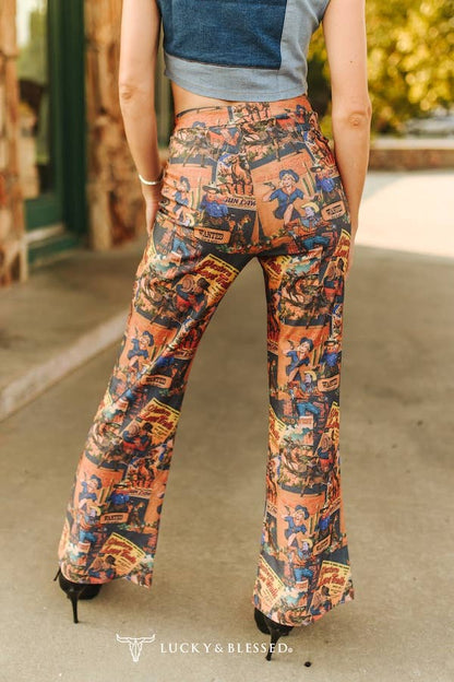 Collage Printed Stretch Front Crease Detail Pants