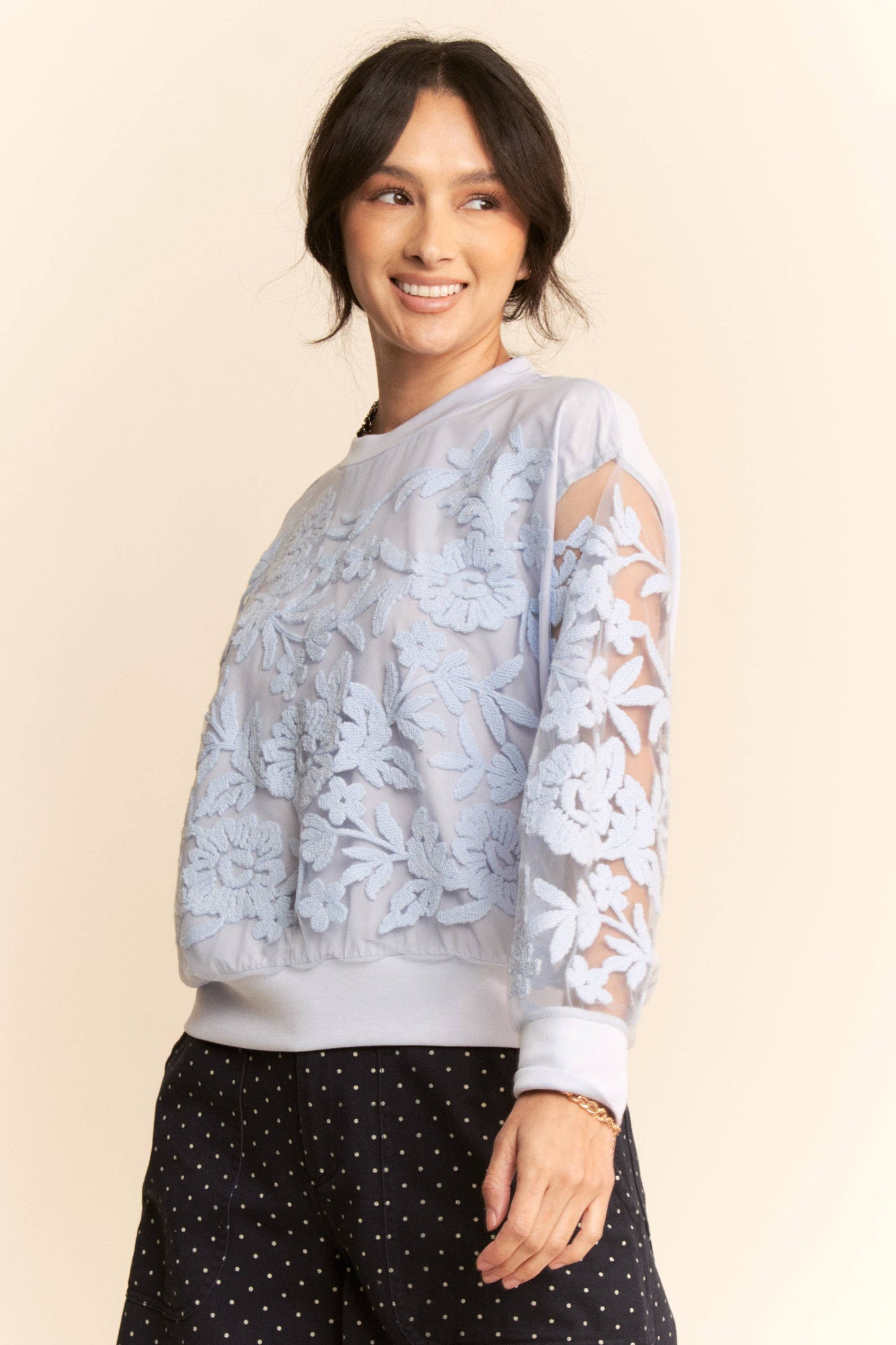 Sheer Floral Embroidered Sweatshirt