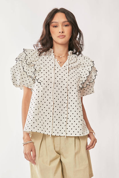 Polka Dot Contrast Ruffle Puff Sleeve Blouse