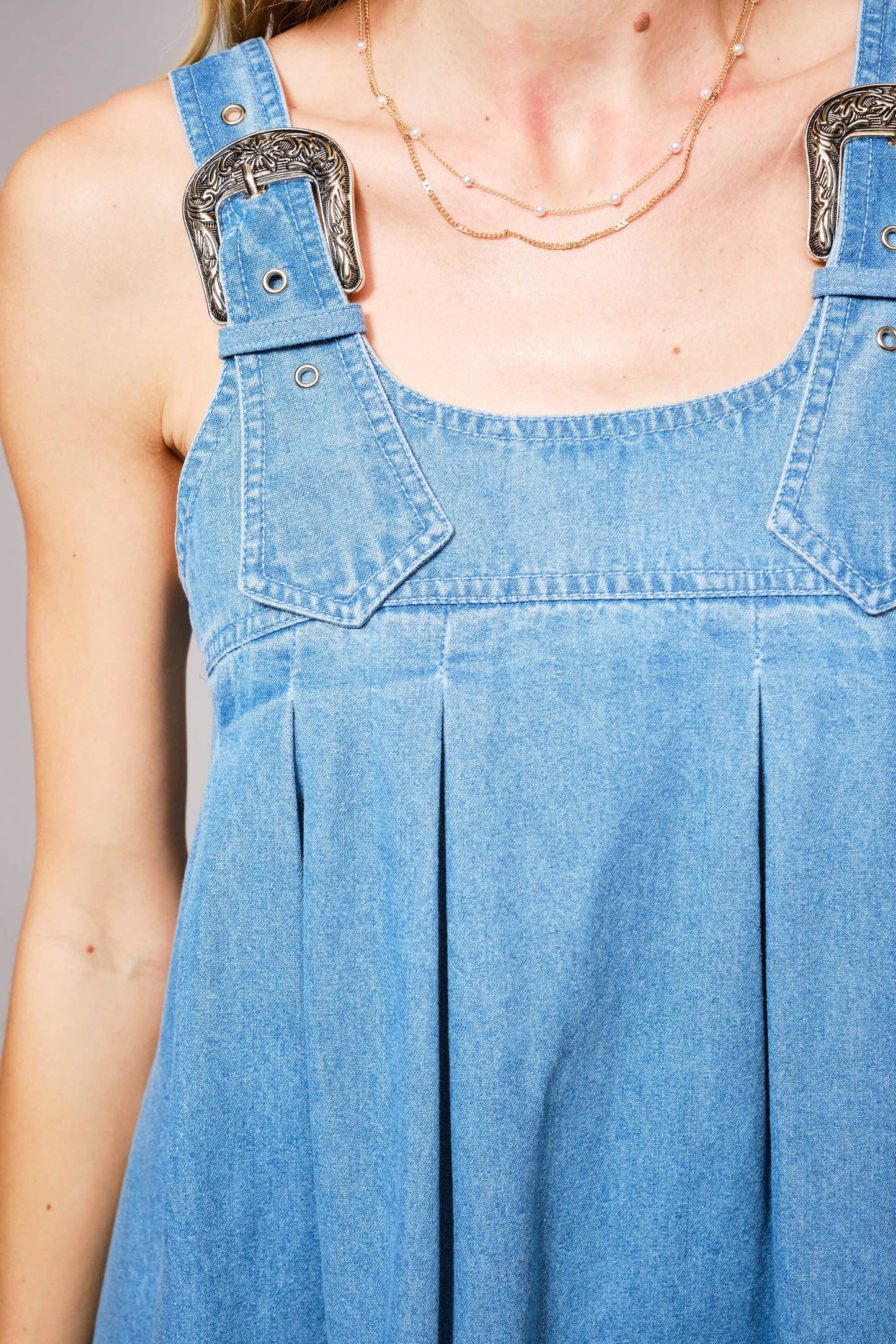 Western Buckle Strap Ruffle Denim Dress