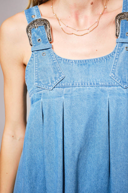 Western Buckle Strap Ruffle Denim Dress