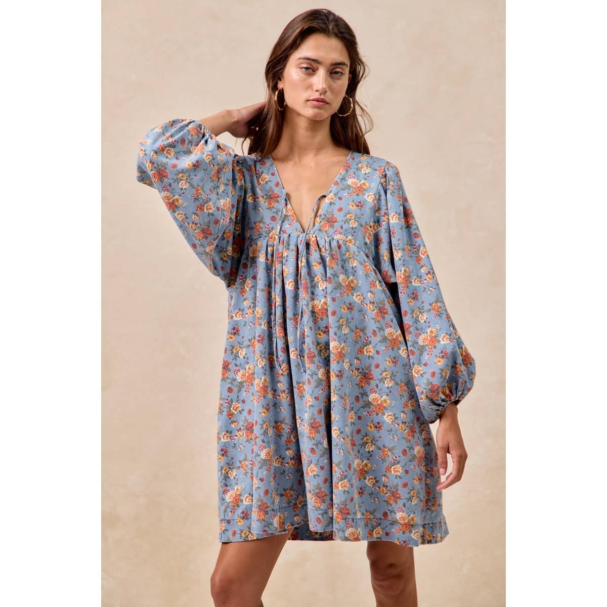Washed Floral Denim Front Tied Dress