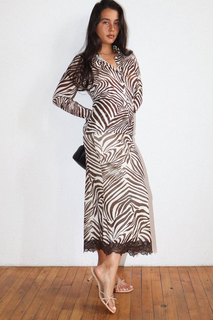 Zebra Print Midi Lace Trim Skirt