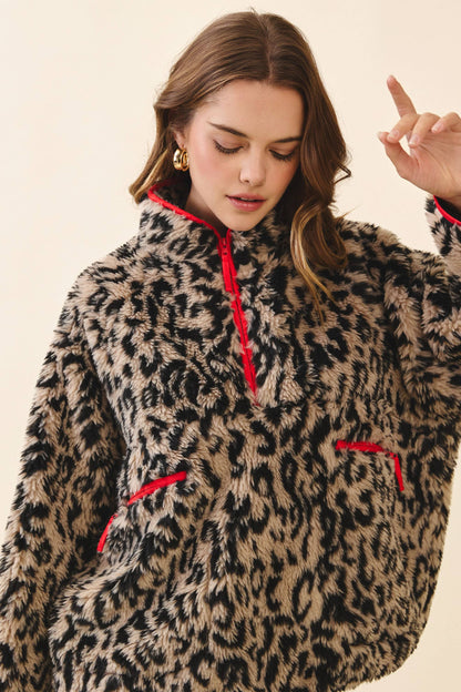 Faux Fur Leopard Half Zip Front Pullover Jacket