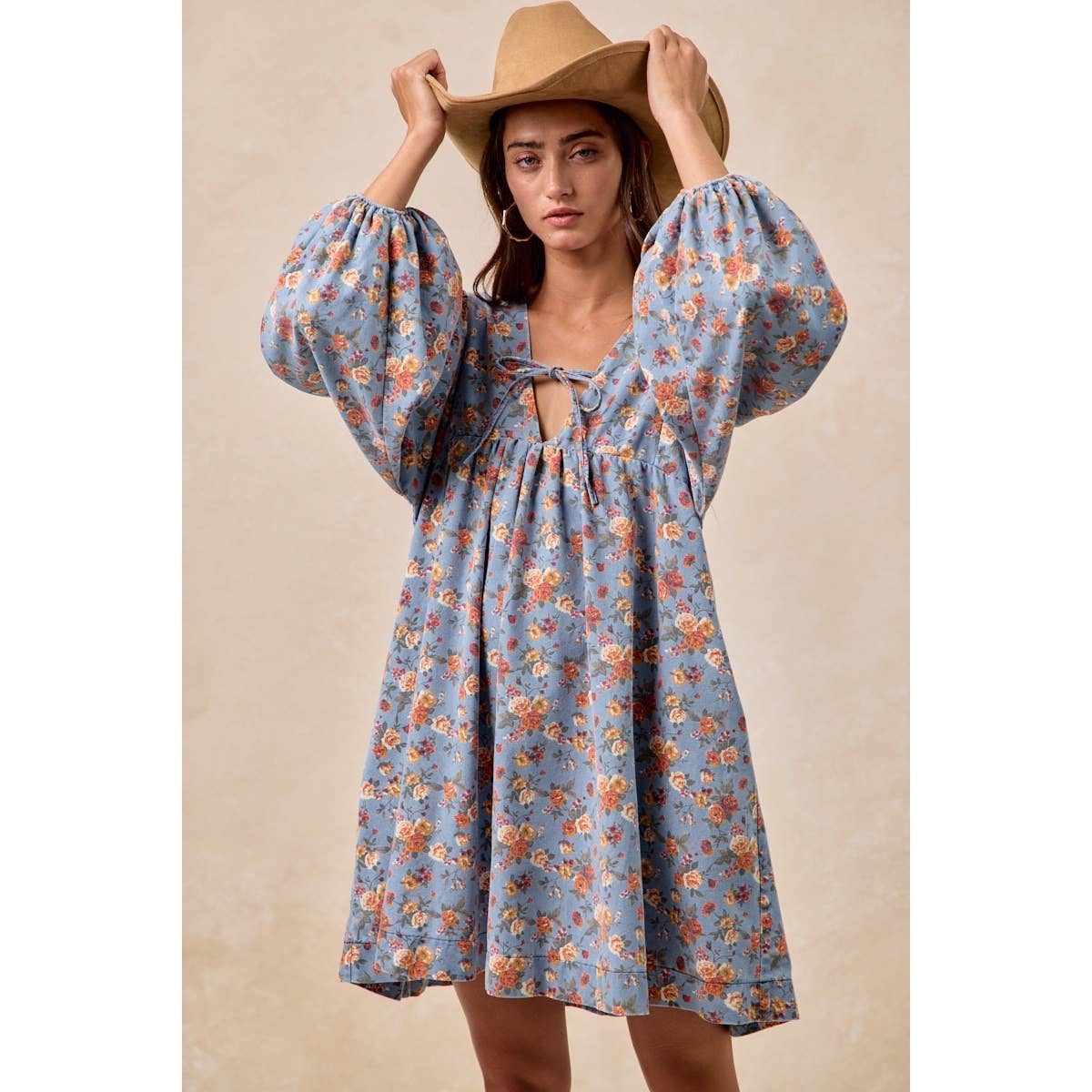 Washed Floral Denim Front Tied Dress