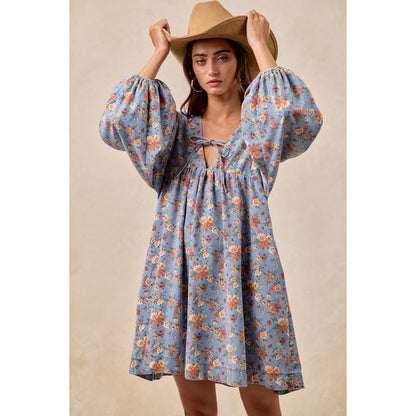 Washed Floral Denim Front Tied Dress