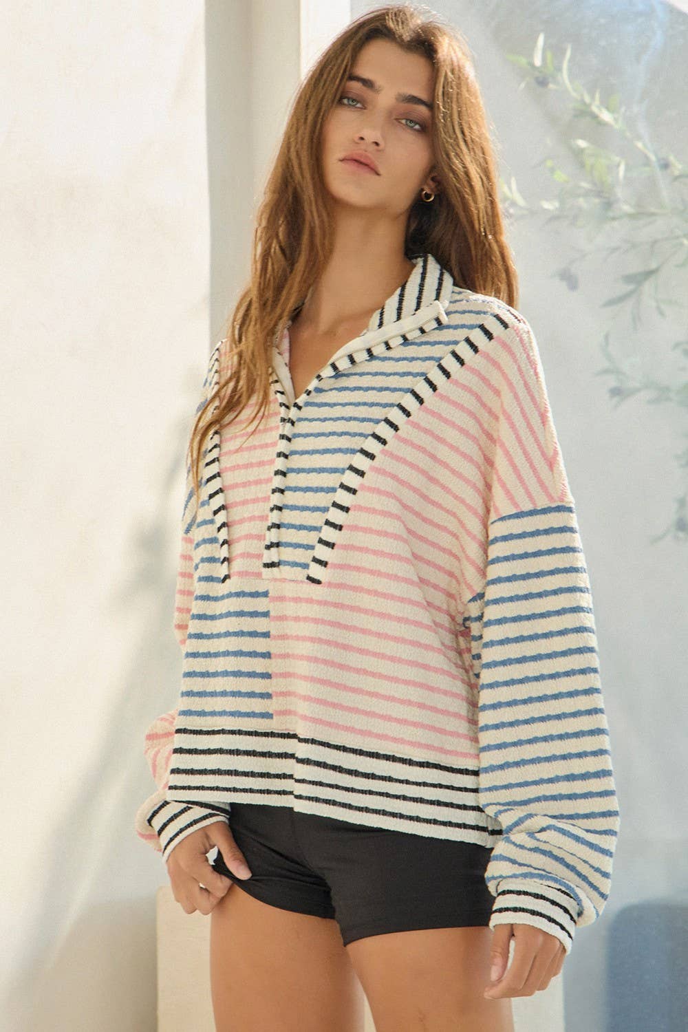 Oversized Funnel-Neck Half Zip Striped Top