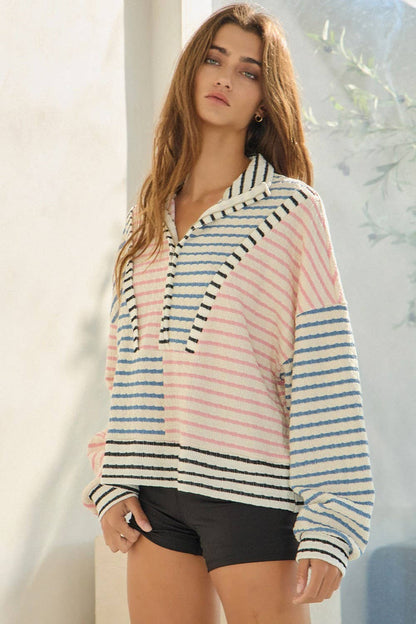 Oversized Funnel-Neck Half Zip Striped Top