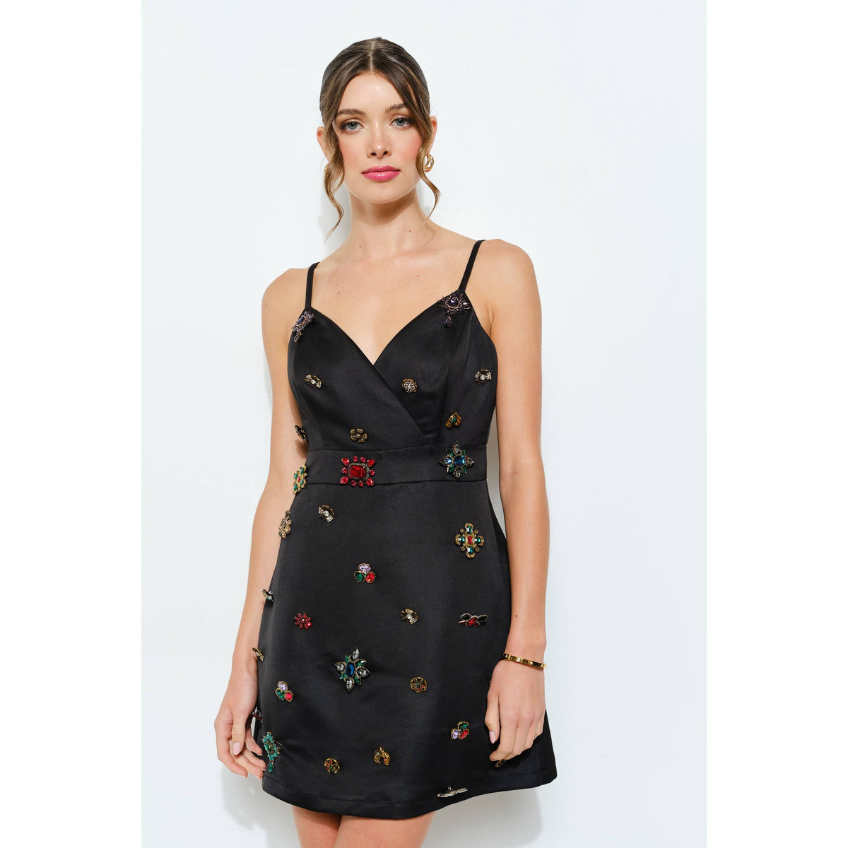 Sleeveless Embellished Jewel Satin Mini Dress