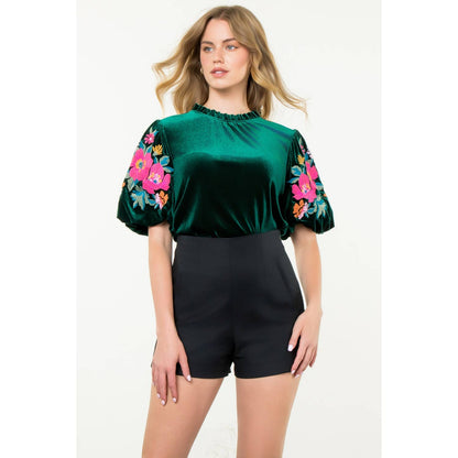 Velvet Embroidered Detail Puff Sleeve Top