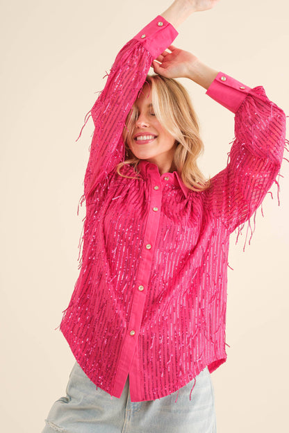 Sequin Stripe Fringe Button Up Shirt Blouse