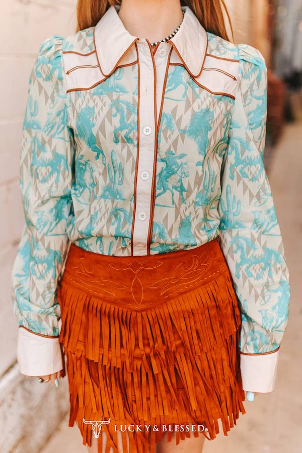 Cream Teal Aztec Sleeve Button Down Shirt