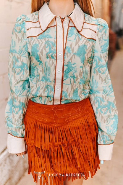 Cream Teal Aztec Sleeve Button Down Shirt