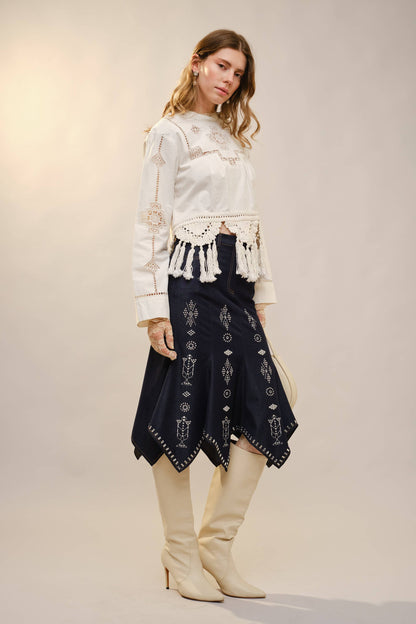 Crochet Tassel Hem Embroidered Top