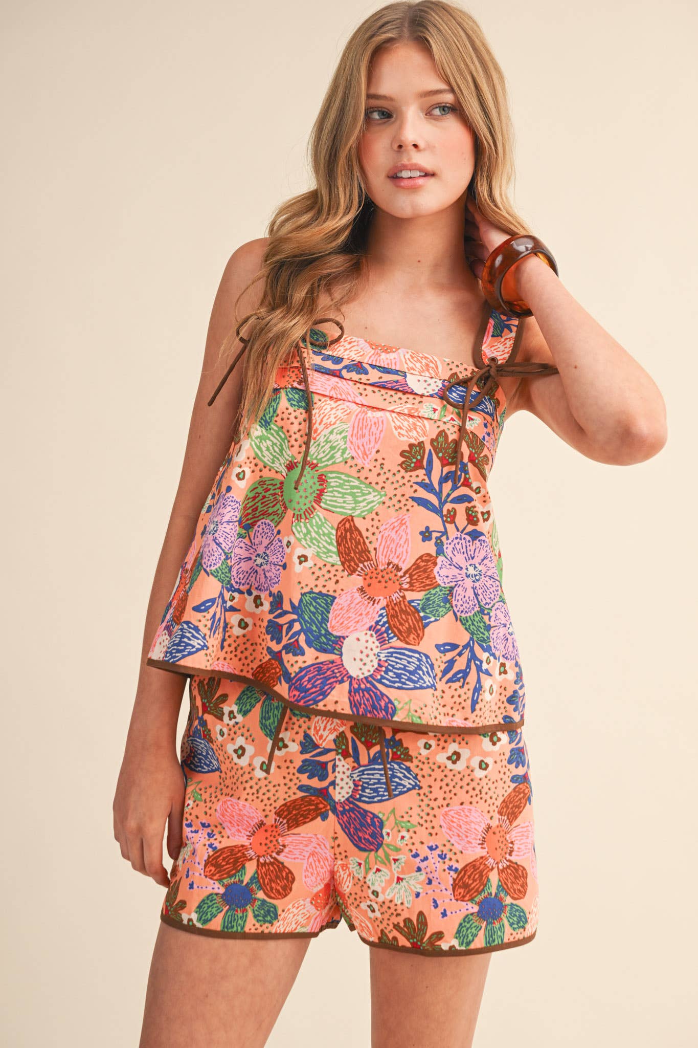Floral Tie Shoulder Top & Shorts Set