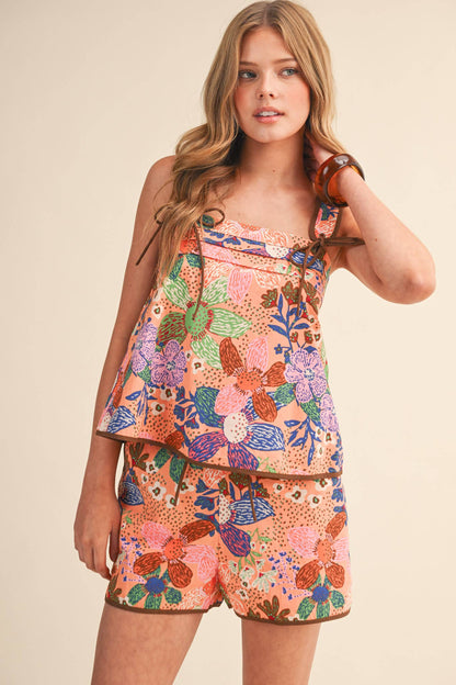 Floral Tie Shoulder Top & Shorts Set