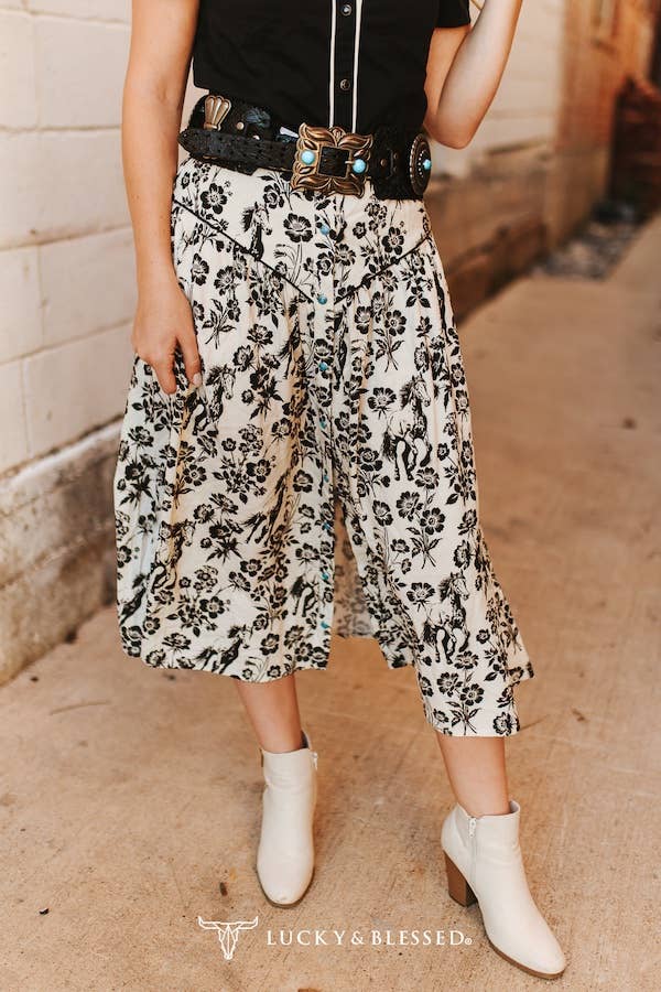 Floral Horse Printed Button Down Yoke Skirt