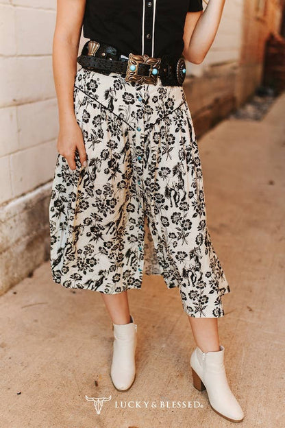 Floral Horse Printed Button Down Yoke Skirt
