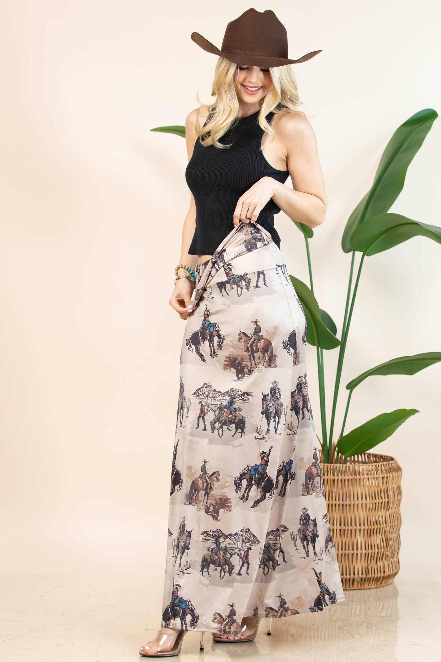 Anina Western Cowboy Print A-Line Full Knit Skirt