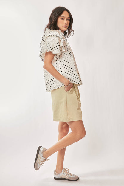 Polka Dot Contrast Ruffle Puff Sleeve Blouse