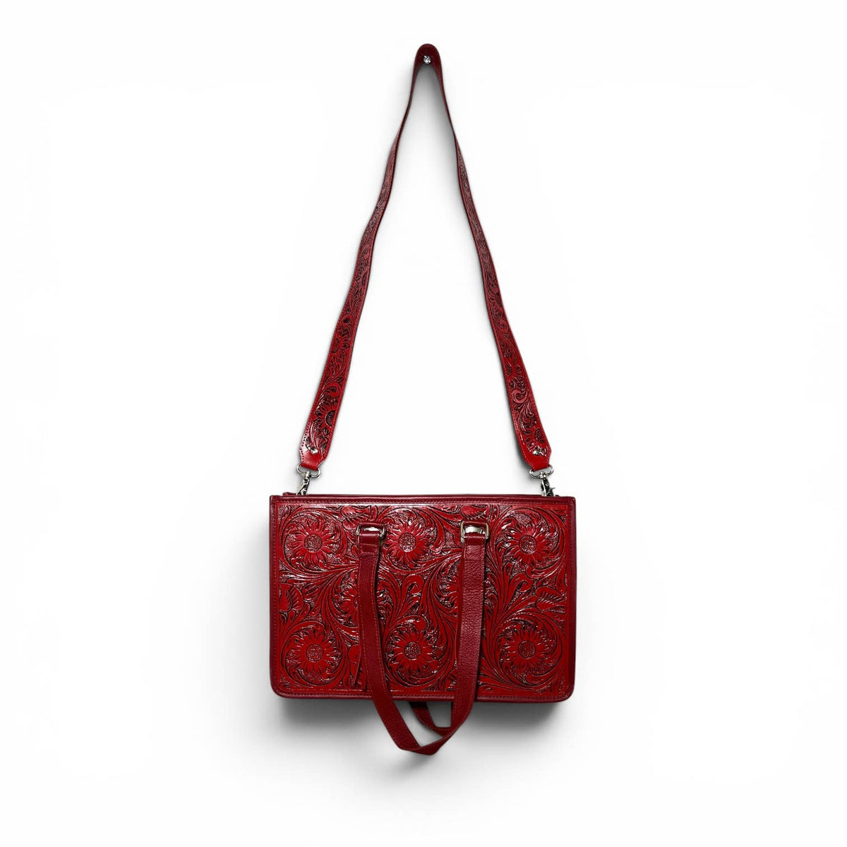 Red Tooled Leather Tote Bag 