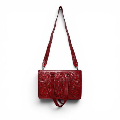 Red Tooled Leather Tote Bag 