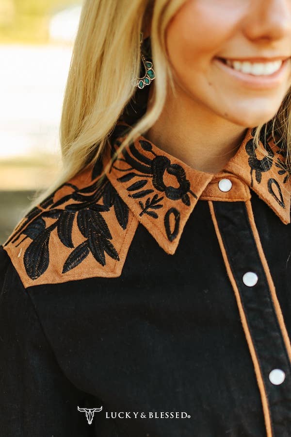 Black Suede Pearl Snap Dress W Camel Yoke