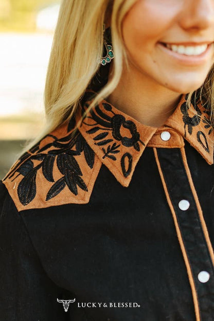 Black Suede Pearl Snap Dress W Camel Yoke