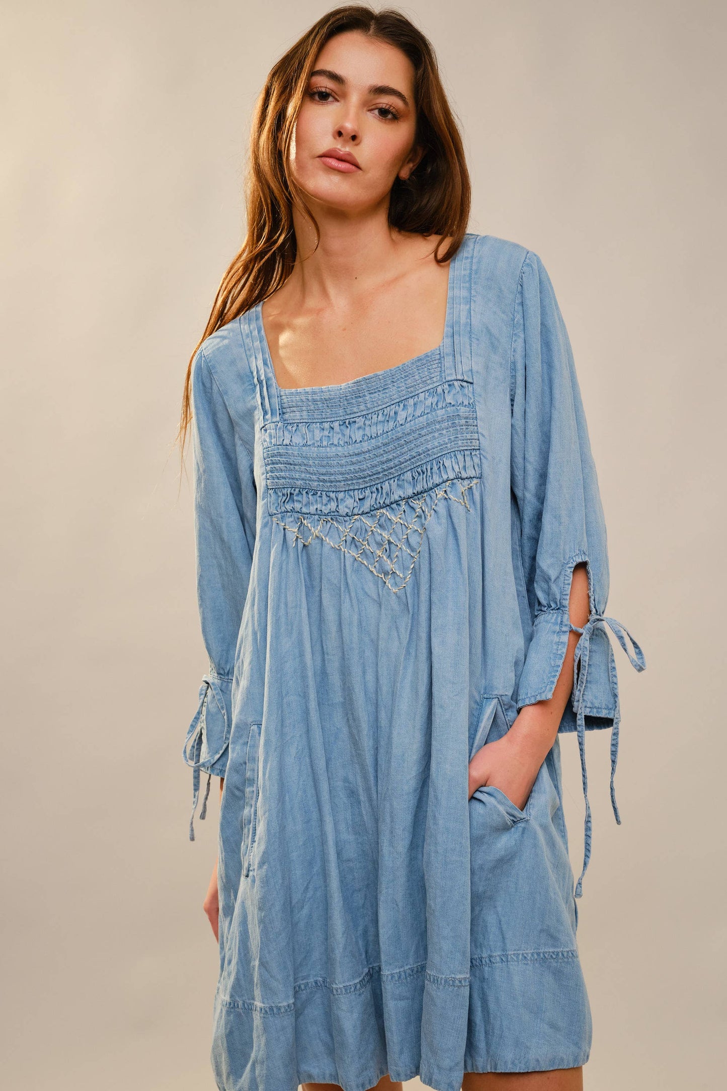 Stitch Detail Chambray Dress