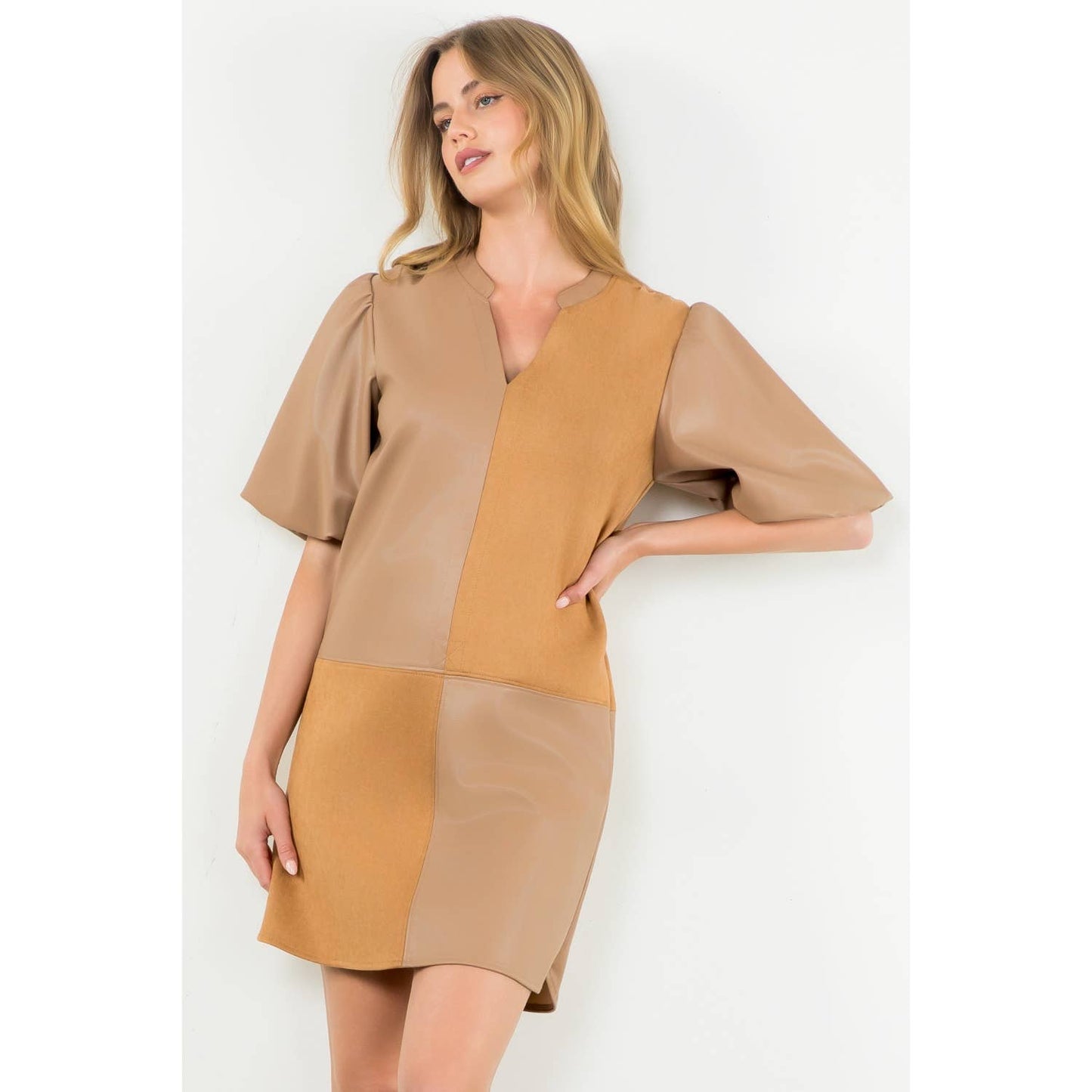 Mixed Media Puff Sleeve Dress