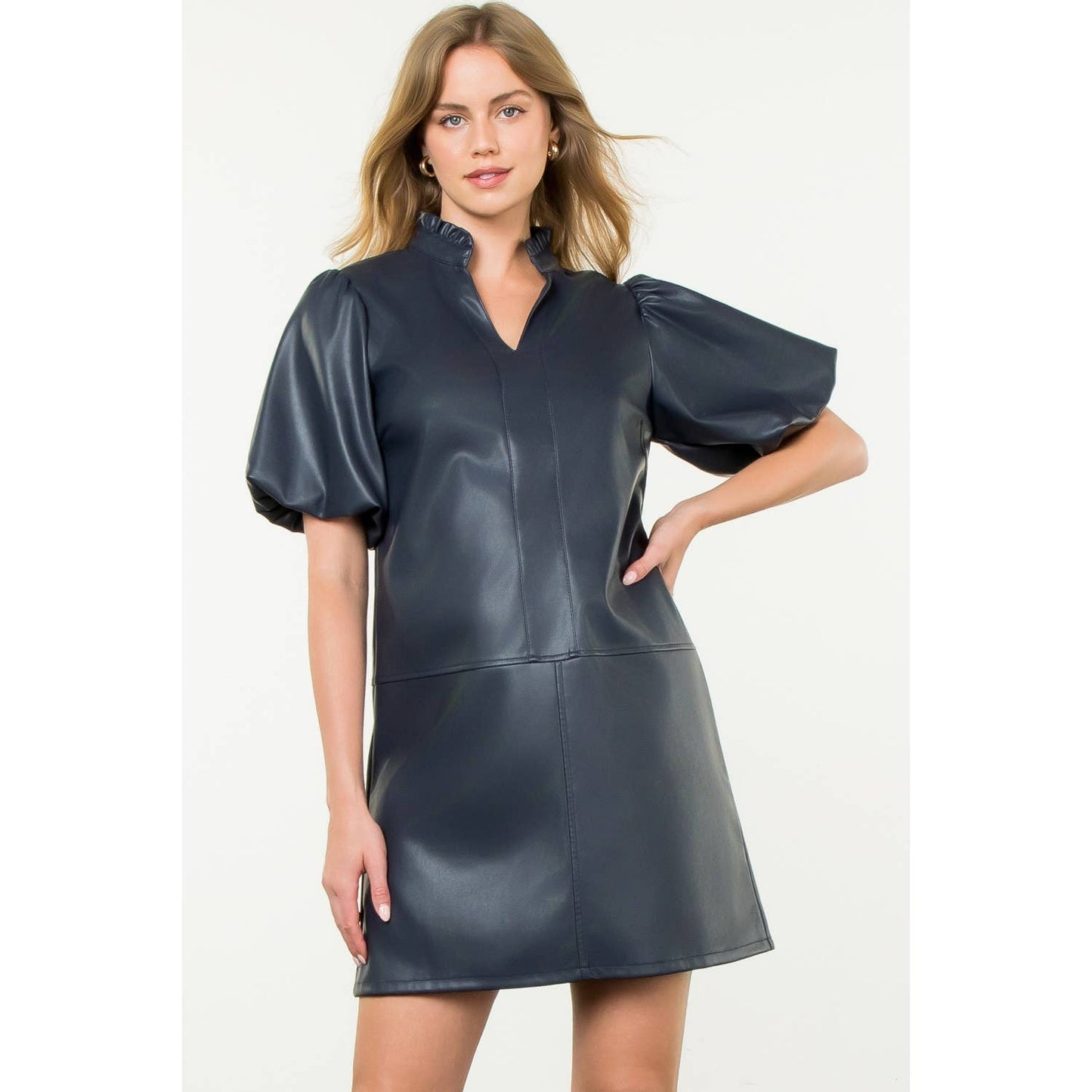 THML Navy Puff Sleeve Leather Dress