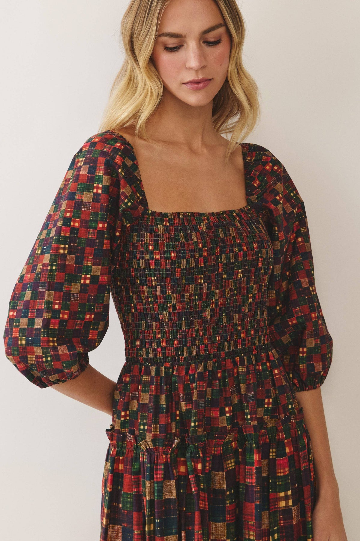 TCEC Plaid Smocked Tiered Maxi Dress
