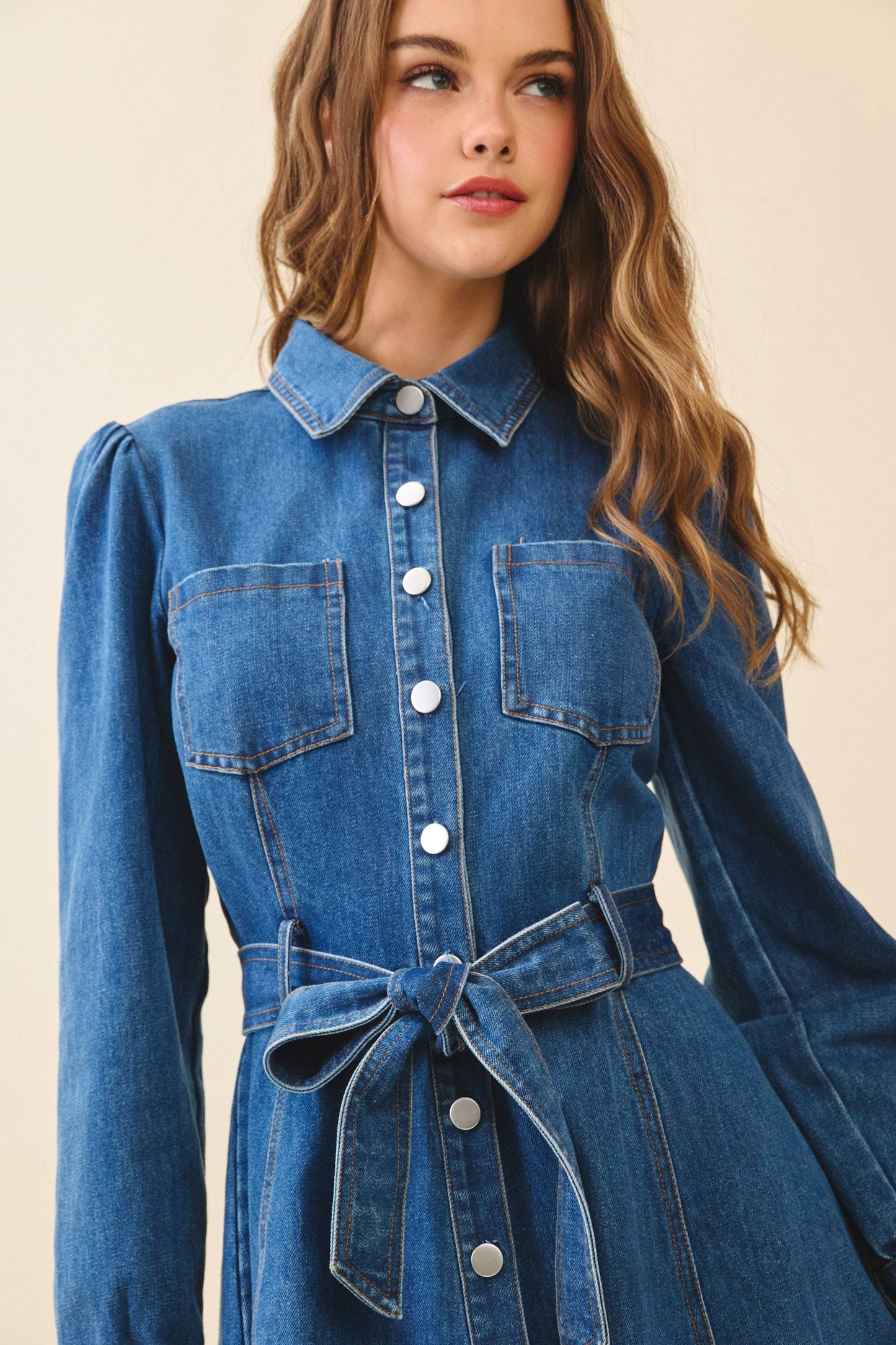 Snap Button Down Front Flare Hem Denim Shirt Dress