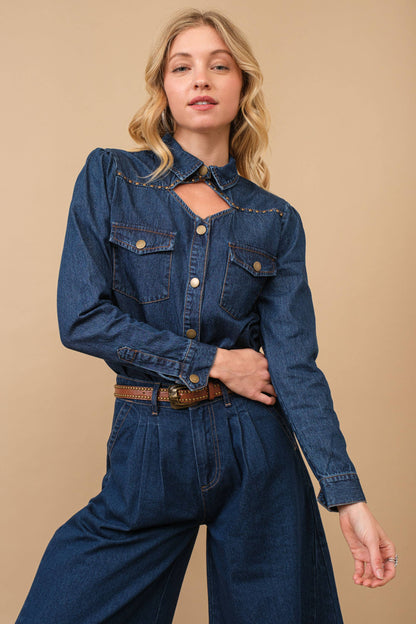 Chambray Cut Out Studded Collard Shirt Blouse