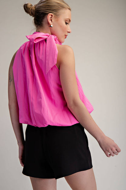 High Neck Tie Wrap Balloon Sleeveless Top