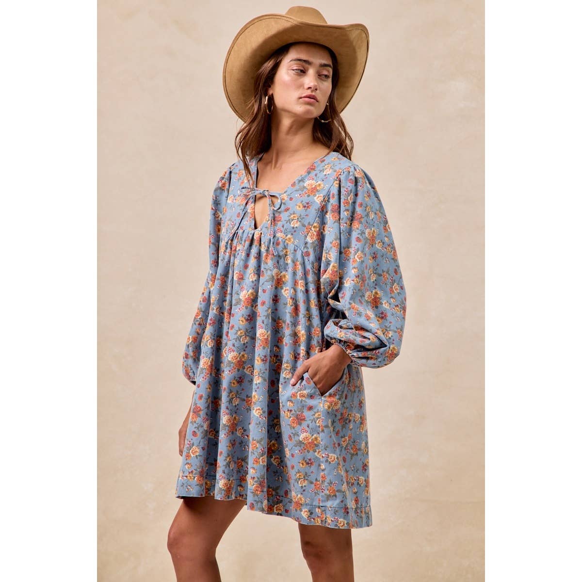 Washed Floral Denim Front Tied Dress