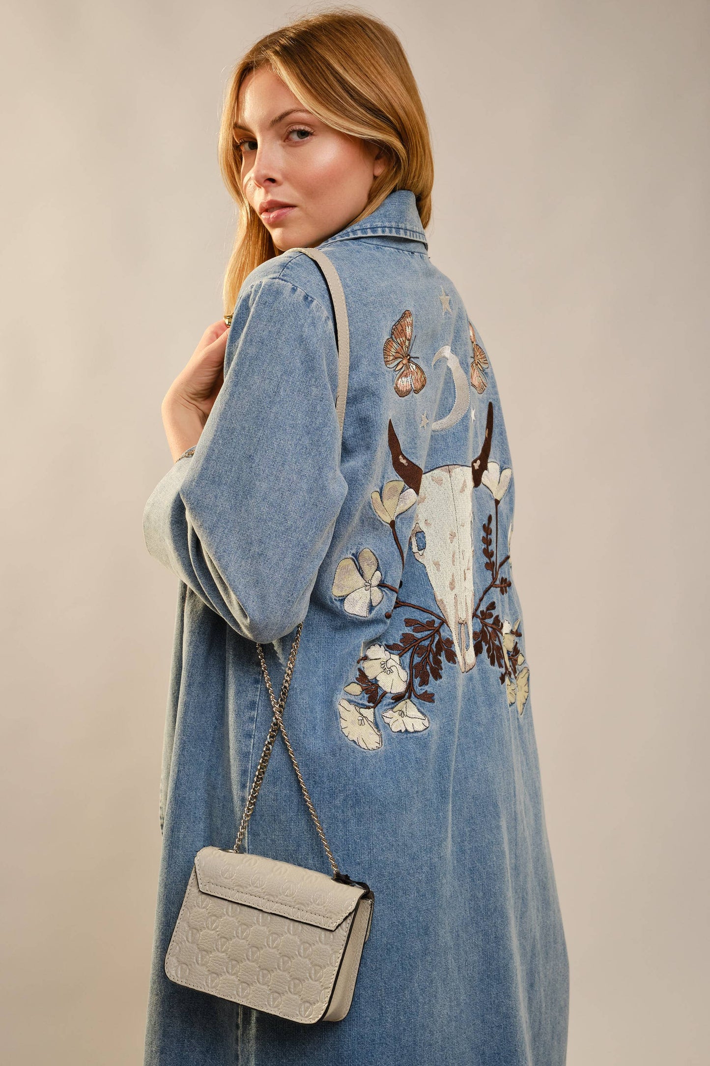 Denim Trench Coat With Embroidery