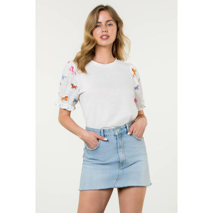 Embroidered Textured Puff Sleeve Top