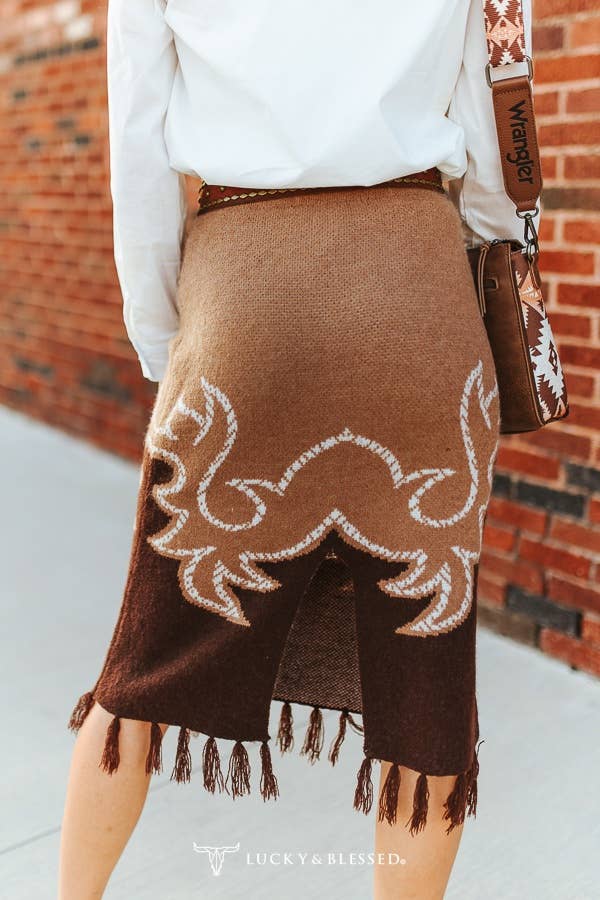 Brown Aztec Fringe Sweater Skirt