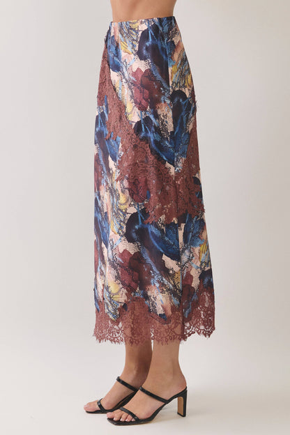 TCEC Abstract Print Lace Trim Midi Skirt