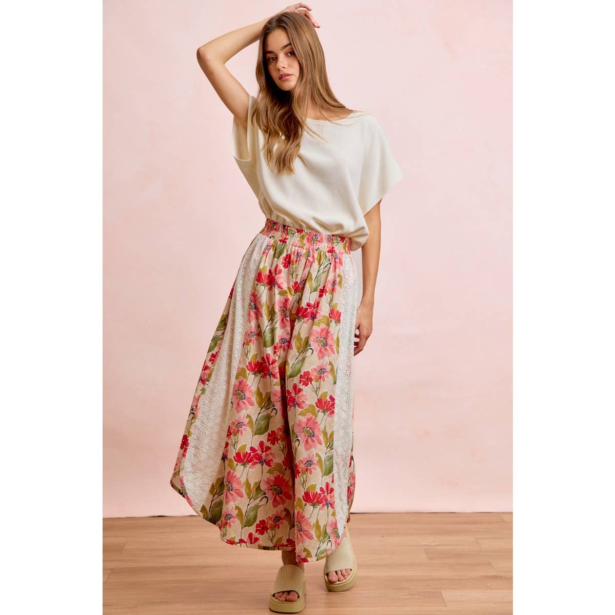 Floral Eyelet Side Elastic Waist Wide Leg Pants