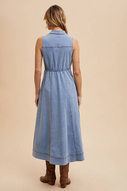 Collared Denim Flare Midi Dress