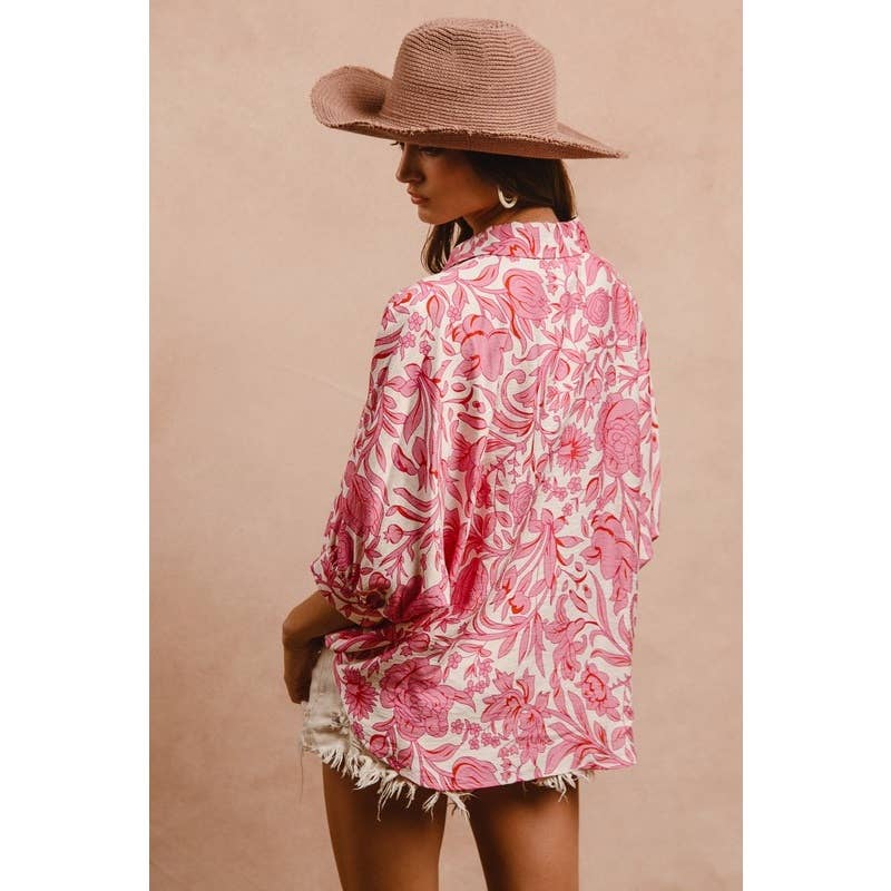 FLORAL PRINT SHORT DOLMAN SLEEVES BLOUSE