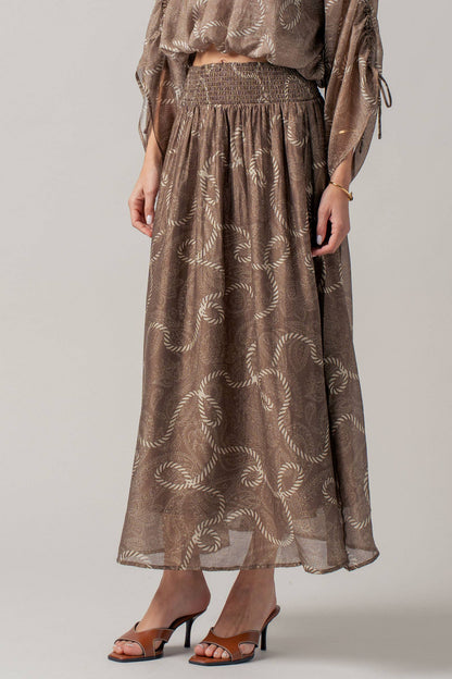 Rope Print Ruched Sleeve Blouse & Smocked Waist Skirt Set