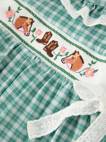 Girl's Western Plaid Horse Embroidered Dress